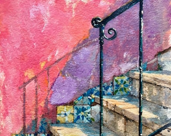 Original Oil Painting: Stairs Street Alfama Lisbon Street Tile - azulejo Art (6x8 inch)