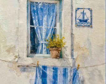 Original Oil Painting: tiled façade Lisbon Street Sign Art (6x8 inch) alfama windows and curtains art