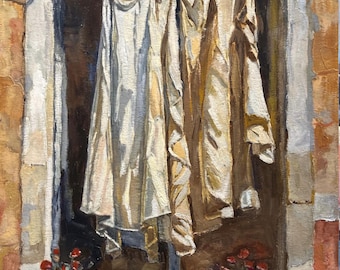 Lisbon Window Oil Painting: Portuguese Façade Art (12"x16") Alfama window clothesline hanging laundry original artwork