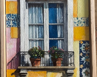 Window original oil painting on paper 6”x8” (15x20cm) portuguese balcony façade Alfama still life morning light Lisbon art windows