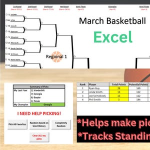 Torneo de Baloncesto Universitario Femenino de Marzo 2026. Plantilla automatizada de Excel con botones de selección, clasificaciones y equipos personalizables.