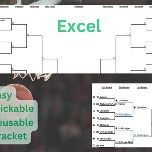 March College Basketball Tournament Bracket Madness for 2025. Clickable Excel Bracket with customizable team option