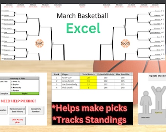March College Basketball Bracket Tournament Madness 2024. Automated Excel Template with Picker buttons, Standings and Customizable teams