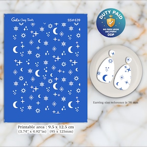 Serigrafia celestial para brincos de argila de polímero: Estêncil de argila Boho (9,5 x 12,5 cm) SS#639
