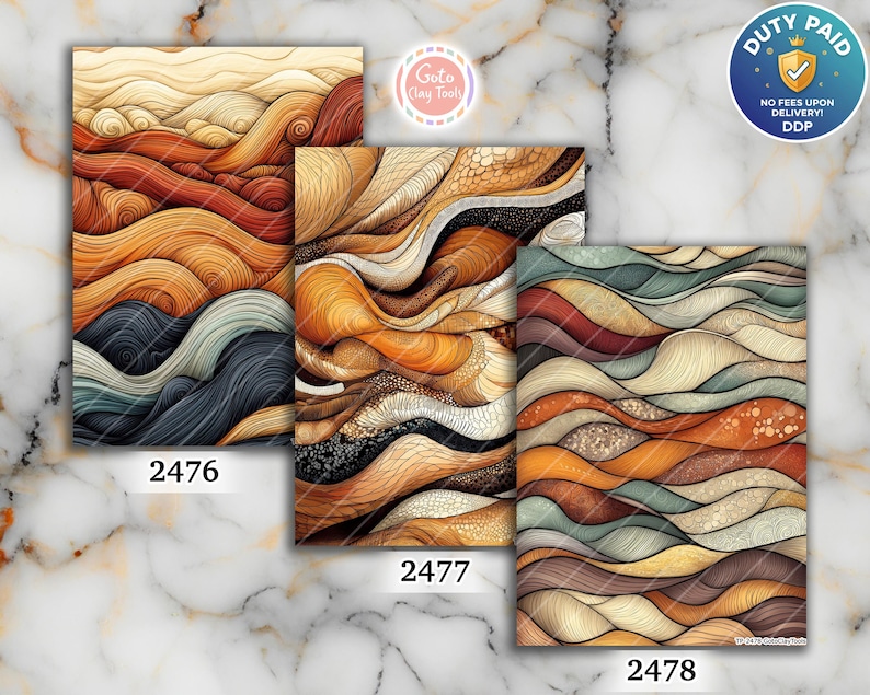 May include: Three rectangular sheets featuring abstract wave patterns in shades of orange, brown, cream, and teal. Each sheet is labeled with a number: 2476, 2477, and 2478. The designs consist of intricate, flowing lines and textured details.