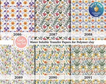 May include: Six sheets of water soluble transfer paper for polymer clay featuring floral patterns labeled 2086 through 2091. The designs include various colorful flowers and foliage on white backgrounds with the text Goto Clay Tools.