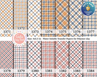 May include: A collection of water soluble transfer papers for polymer clay, each measuring 4x5.5 inches. The sheets feature various plaid patterns in shades of orange, blue, pink, and white, labeled with identification numbers 1371 through 1384.