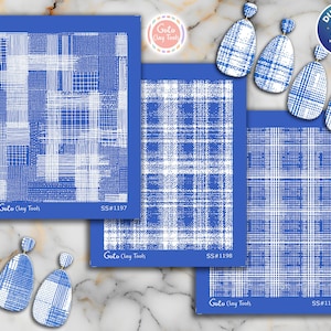 Op de afbeelding: Blauwe en witte kleigereedschappen met verschillende ruit- en kruispatronen. De afbeelding toont drie rechthoekige gereedschappen met de labels SS#1197, SS#1198 en SS#1199, samen met bijpassende druppelvormige oorbellen. De tekst "Goto Clay Tools" is zichtbaar.