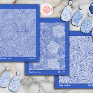 May include: Three blue rectangular clay tools with white linear patterns, labeled SS#1281, SS#1282, and SS#1283. Two pairs of blue and white patterned earrings are also displayed. The brand name "Goto Clay Tools" is visible on the tools.