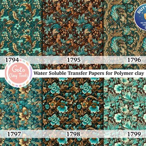 Puede incluir: Seis hojas de papel de transferencia soluble en agua para arcilla polimérica con intrincados patrones florales y de hojas en tonos verde azulado, turquesa y oro metálico. Las hojas están numeradas del 1794 al 1799 con el texto Goto Clay Tools.