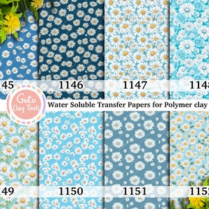 Carta transfer idrosolubile per pasta polimerica, motivi floreali a margherita blu, trasferimenti di immagini in pasta polimerica, carta transfer magica