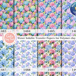 Papel de transferencia de arcilla polimérica con diseño de hortensias de acuarela (10 x 14 cm)