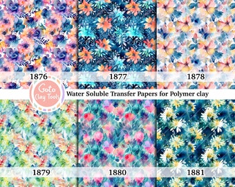 Blauwe bloemen Wateroplosbaar transferpapier voor polymeerklei, kleurrijke aquarelbloem, beeldoverdrachten van polymeerklei, magisch transferpapier