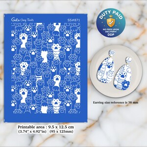 Oorbellen Cat Paws-zeefdruk voor polymeerklei: 9,5 x 12,5 cm SS#871