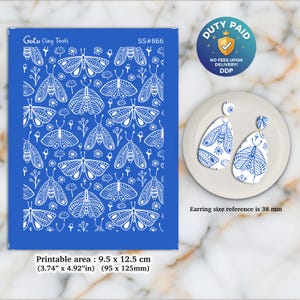 May include: A blue stencil featuring a white butterfly and floral design, marked "Goto Clay Tools SS#866". The printable area is 9.5 x 12.5 cm. A pair of white and blue earrings with a butterfly design is shown for size reference, 38 mm.