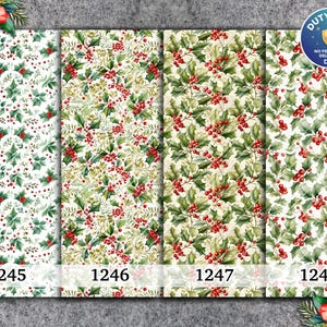 Peut inclure: Quatre panneaux verticaux de papier cadeau sur le thème de Noël avec des motifs répétitifs de feuilles de houx vertes et de baies rouges. Les designs sont étiquetés 1245, 1246, 1247 et 1248, montrant des densités variées de feuillage sur fond blanc.