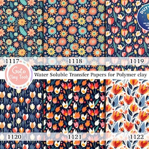Pode incluir: Seis folhas de papel de transferência solúvel em água para argila polimérica com padrões florais. Os designs incluem várias flores em fundos azul-escuro e branco com etiquetas de 1117 a 1122 e o texto Goto Clay Tools.