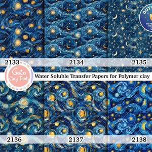 May include: Six sheets of water soluble transfer paper for polymer clay, labeled 2133 through 2138. The designs feature dark blue backgrounds with yellow swirling patterns, stars, and crescent moons, with the text Goto Clay Tools visible.