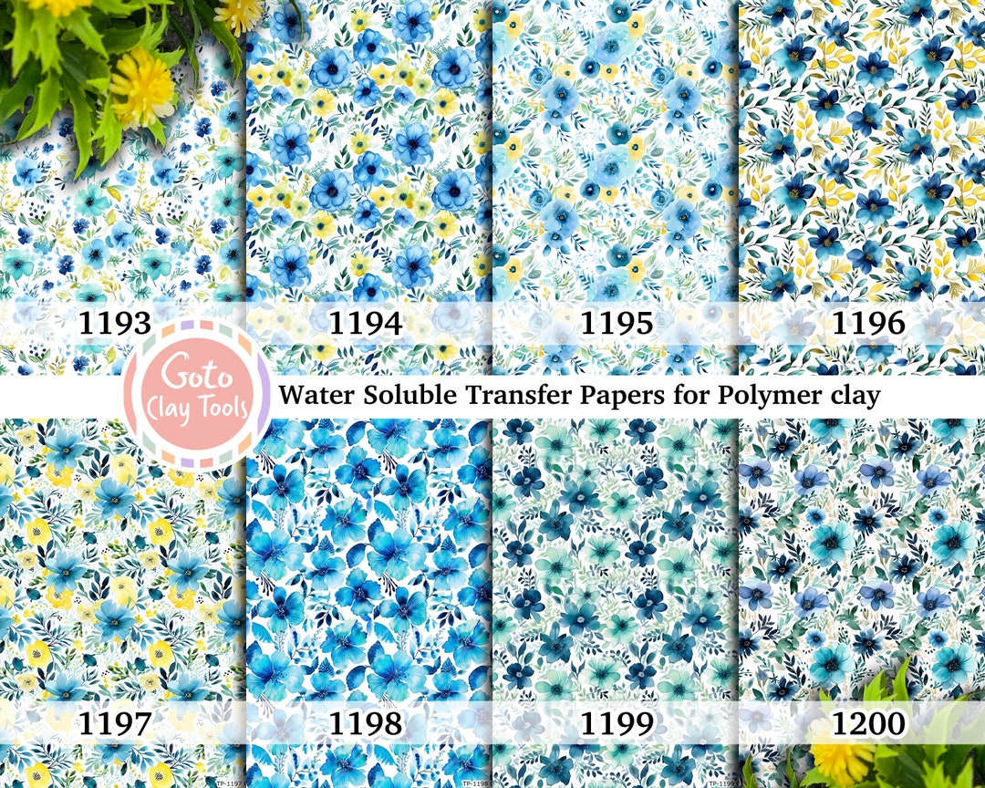 Water Soluble Transfer Paper for Polymer Clay, Blue Watercolor Floral