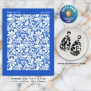 May include: A blue stencil featuring a white floral lace design, marked "Goto Clay Tools SS#1006". The printable area is 9.5 x 12.5 cm.  Black and white teardrop earrings are displayed, with a 38 mm size reference. A "Duty Paid" sticker is also present.