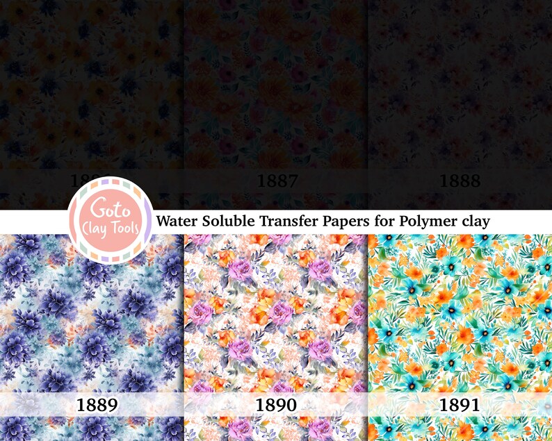 Papier de transfert soluble dans l'eau floral bleu pour pâte polymère, aquarelle de fleurs colorées, transferts d'images en pâte polymère, papier de transfert magique Bottom line-3papers