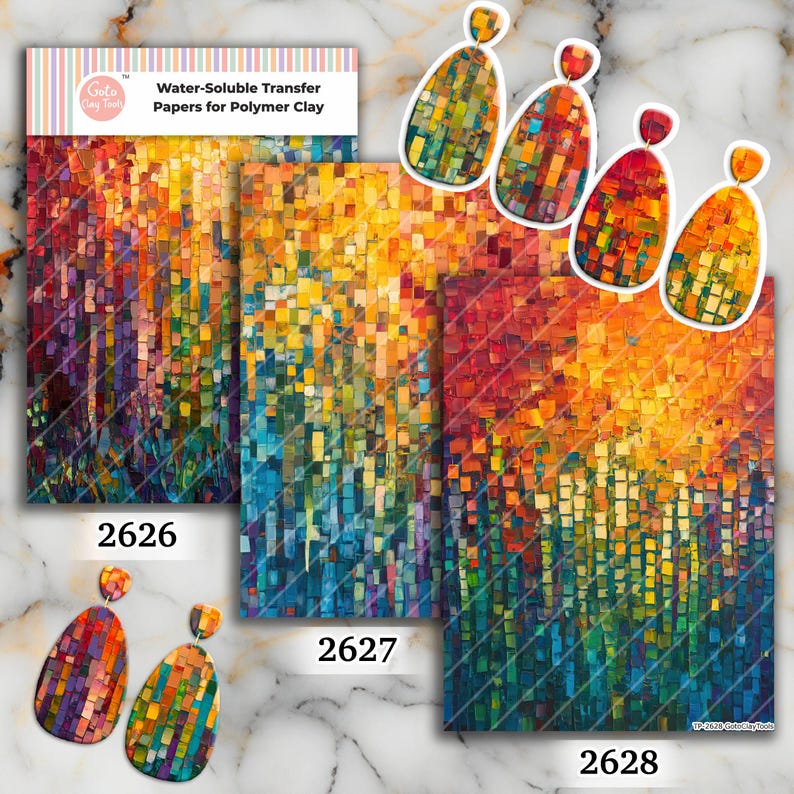May include: Three sheets of water-soluble transfer paper for polymer clay labeled 2626, 2627, and 2628, featuring a mosaic-like pattern of small, vibrant, multi-colored rectangular blocks in shades of red, orange, yellow, green, and blue.