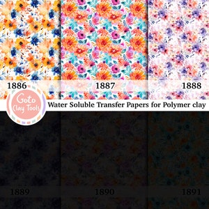 Papier de transfert soluble dans l'eau floral bleu pour pâte polymère, aquarelle de fleurs colorées, transferts d'images en pâte polymère, papier de transfert magique Top line - 3 papers