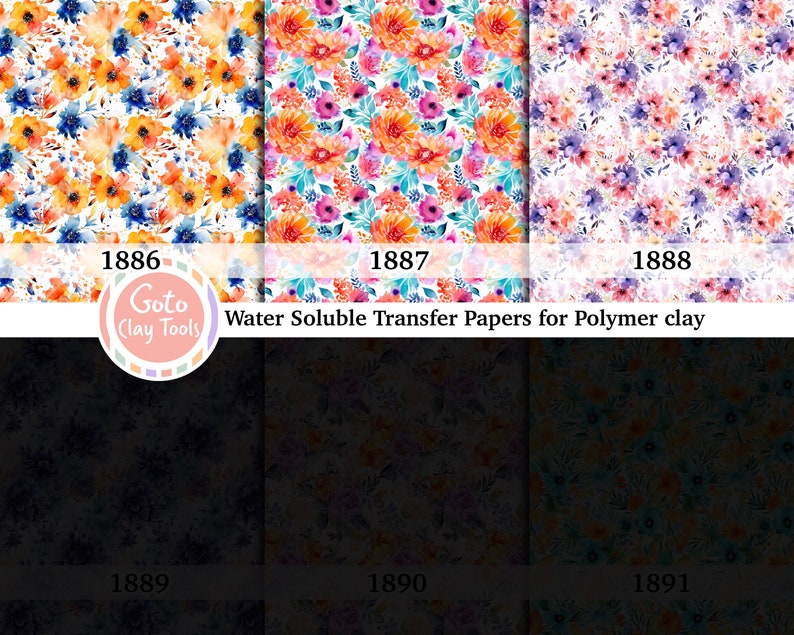 Blue floral Water soluble Transfer paper for polymer clay, Colorful watercolor flower, polymer clay image transfers, magic transfer paper Top line - 3 papers
