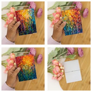 May include: A rectangular postcard featuring a mosaic-style abstract design with vibrant gradients of yellow, orange, red, and blue squares. A white measuring tool indicates the card measures 4 inches by 5.5 inches in total dimensions.