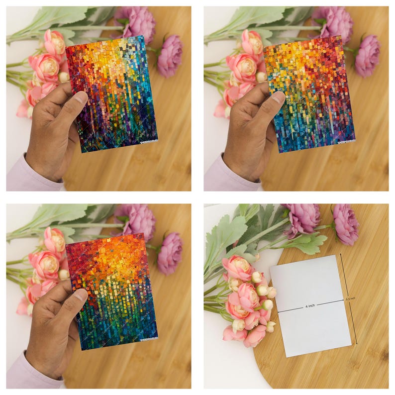 May include: A rectangular postcard featuring a mosaic-style abstract design with vibrant gradients of yellow, orange, red, and blue squares. A white measuring tool indicates the card measures 4 inches by 5.5 inches in total dimensions.