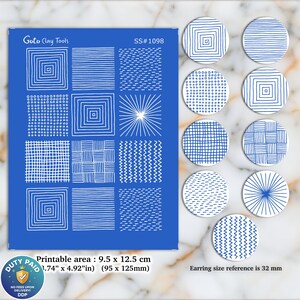 Oorbellen abstracte zeefdruk voor polymeerklei: 9 patronen (SS#1098)