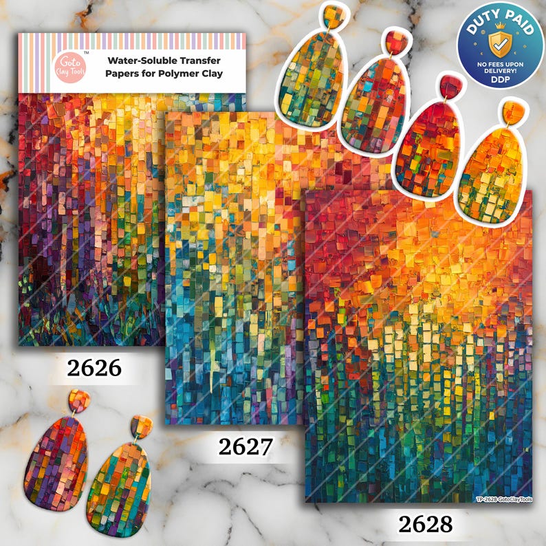 May include: Three sheets of water-soluble transfer paper for polymer clay labeled 2626, 2627, and 2628, featuring mosaic-like patterns of blended warm and cool colors. Four pairs of teardrop-shaped earrings display matching colorful abstract designs.