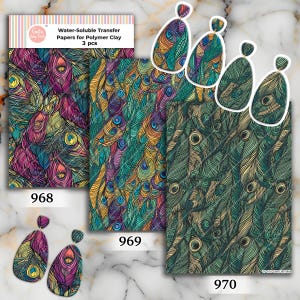 Carta transfer idrosolubile per pasta polimerica, motivi a piume di pavone, trasferimenti di immagini in pasta polimerica, carta transfer magica