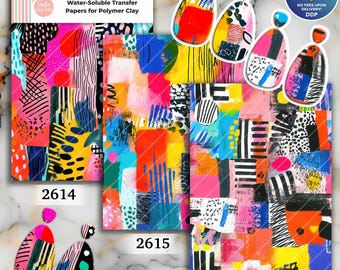 Colorful Collage Water soluble Transfer paper for polymer Clay Earring Making - 4x5.5 in #TP26-6