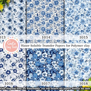 Blauwe bloemen Wateroplosbaar transferpapier voor polymeerklei, chinoiseriepatronen, afbeeldingstransfers van polymeerklei, magisch transferpapier