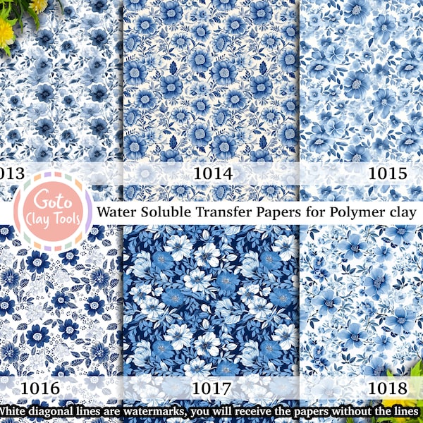 Blue floral Water soluble Transfer paper for polymer clay, chinoiserie patterns, polymer clay image transfers, magic transfer paper