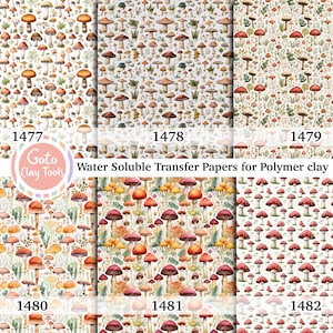 Carta transfer idrosolubile per pasta polimerica, motivo a fungo, trasferimento di immagini in pasta polimerica, carta transfer magica