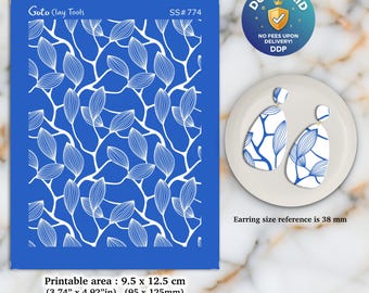 Leaf Silkscreen for Polymer Clay Earrings: Jewelry Making Stencil (9.5x12.5cm) SS#774