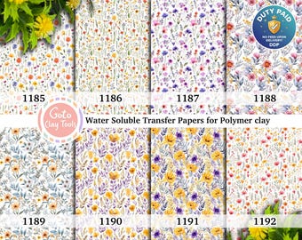 May include: Eight sheets of water soluble transfer paper for polymer clay featuring various floral and botanical patterns labeled 1185 through 1192. The designs include colorful wildflowers, leaves, and stems in shades of yellow, purple, and orange.