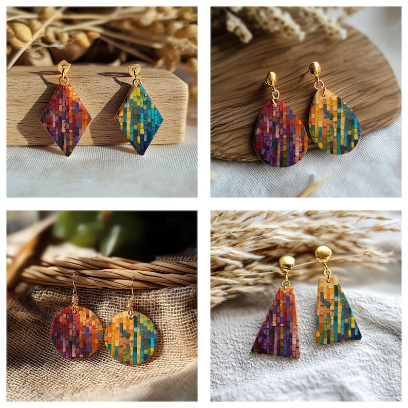 May include: A collection of four pairs of dangle earrings featuring gold-tone hardware and multi-colored mosaic patterns. The shapes include diamonds, teardrops, circles, and triangles, each displaying a vibrant array of small rectangular segments.
