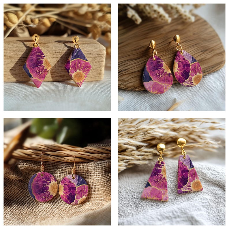 May include: A collection of four pairs of dangle earrings featuring a purple and magenta floral pattern with gold-toned hardware. The shapes include diamonds, teardrops, circles, and trapezoids, all showcasing a consistent botanical print.
