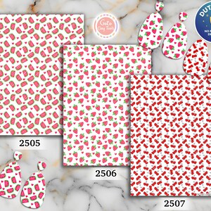 May include: Three rectangular sheets and three pairs of teardrop-shaped earrings featuring fruit patterns. Sheet 2505 and its matching earrings show watermelon slices and hearts. Sheet 2506 shows strawberries and hearts. Sheet 2507 shows cherries.