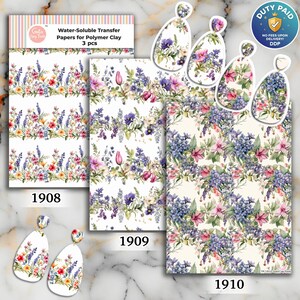 May include: Three sheets of water-soluble transfer paper for polymer clay, labelled 1908, 1909, and 1910, featuring floral patterns with lavender, pink, and blue flowers. Includes four pairs of teardrop-shaped earrings displaying these designs.
