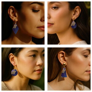May include: A collection of four different pairs of earrings featuring gold-tone studs and blue geometric pendants. Each pendant displays a deep blue base with a delicate, gold-colored filigree or lace-like pattern overlay in various shapes.