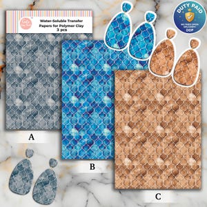 May include: Three sheets of water-soluble transfer paper for polymer clay, labeled A, B, and C, featuring a repeating quatrefoil pattern in gray, blue, and brown. Includes matching teardrop-shaped earrings for each design and a header label.