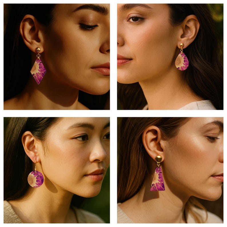 May include: Four pairs of gold-toned stud earrings featuring dangling pendants with a purple and gold sunflower-inspired floral pattern. The pendants come in diamond, teardrop, circular, and triangular shapes, each attached to a small gold ball stud.