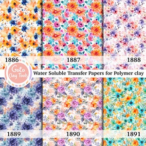 Blue floral Water soluble Transfer paper for polymer clay, Colorful watercolor flower, polymer clay image transfers, magic transfer paper Full SET : 6 papers