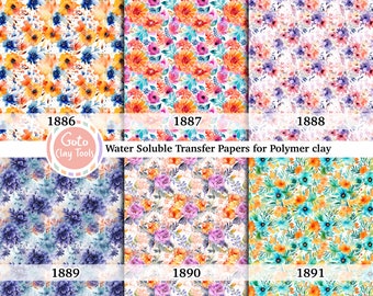 Blue floral Water soluble Transfer paper for polymer clay, Colorful watercolor flower, polymer clay image transfers, magic transfer paper