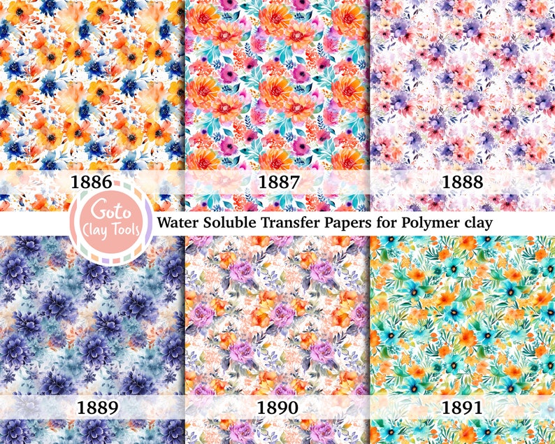 Blue floral Water soluble Transfer paper for polymer clay, Colorful watercolor flower, polymer clay image transfers, magic transfer paper Full SET : 6 papers