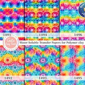 以下が含まれることがあります： 虹色の鮮やかなタイダイ柄が施されたポリマークレイ用水溶性転写紙6枚セット。各シートには1491から1496までの番号が付けられています。Goto Clay ToolsおよびWater Soluble Transfer Papers for Polymer clayというテキストが表示されています。